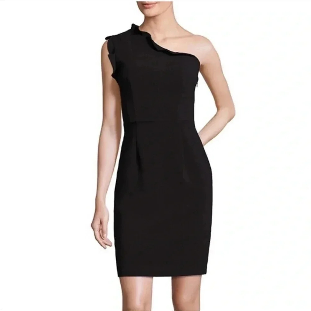 Black Halo ruffle one shoulder black mini dress